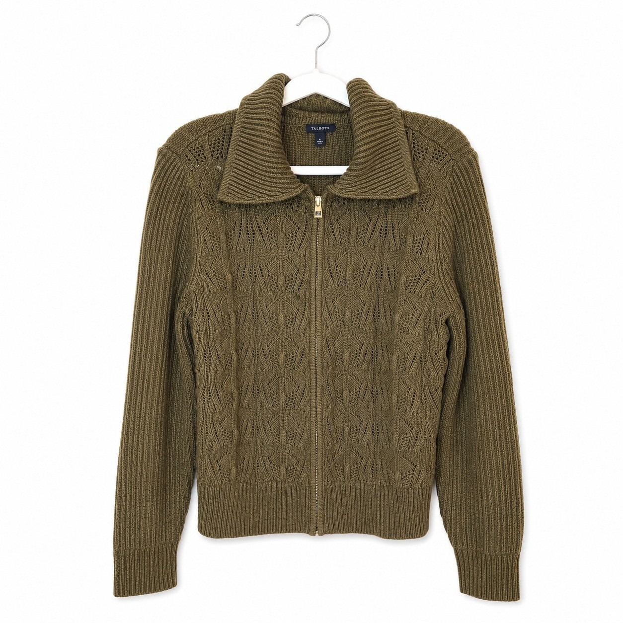 Talbots Cardigan Womens Large Olive Green Full Zip Knit Speckled Sweater